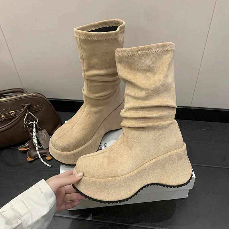 

Chunky Platform Thick Sole Woman Mordern Boots Design Round Toe Slip on Shoes Autumn Winter Stretch Slim Short Botas Para Mujer