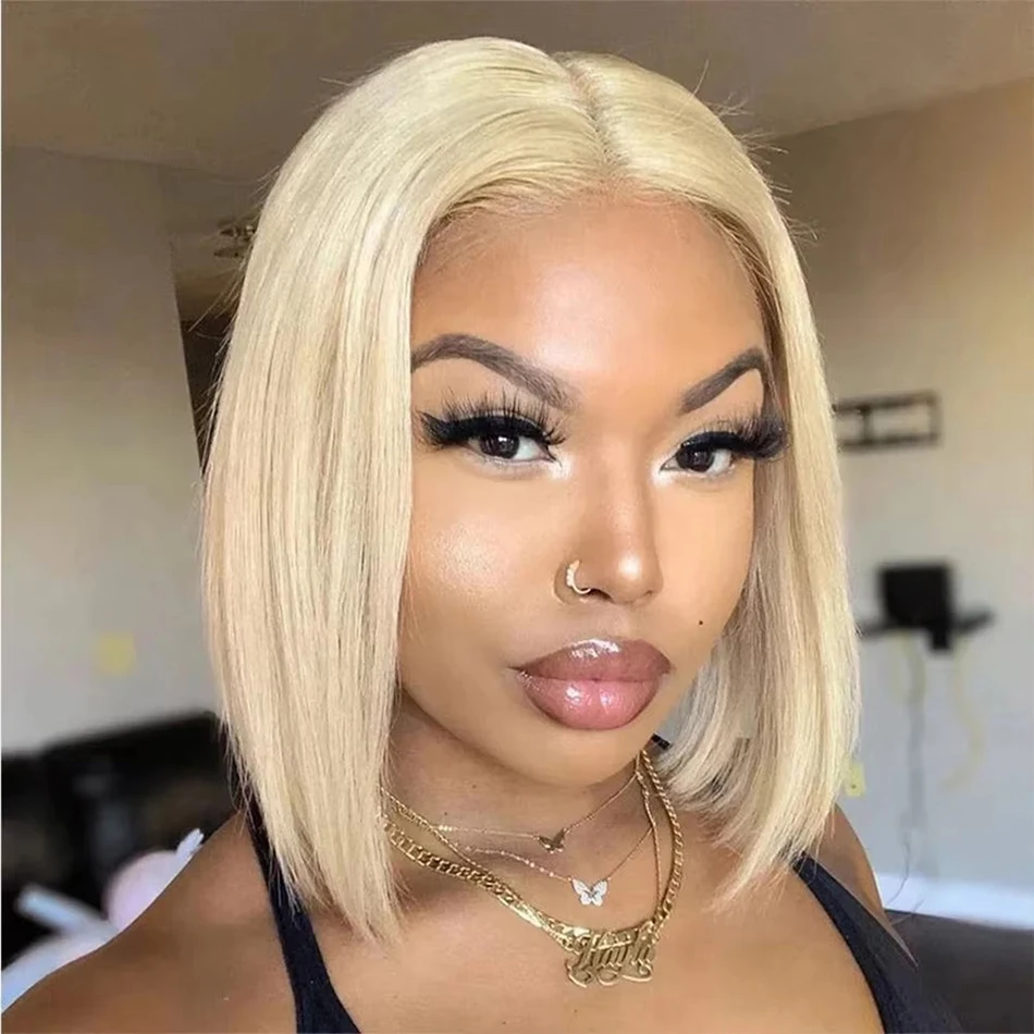 

200% Density Straight Short Bob Wig 613 Honey Blonde Color 13x4 Transparent Lace Front Wigs 100% Human Hair For Women 12 14 Inch