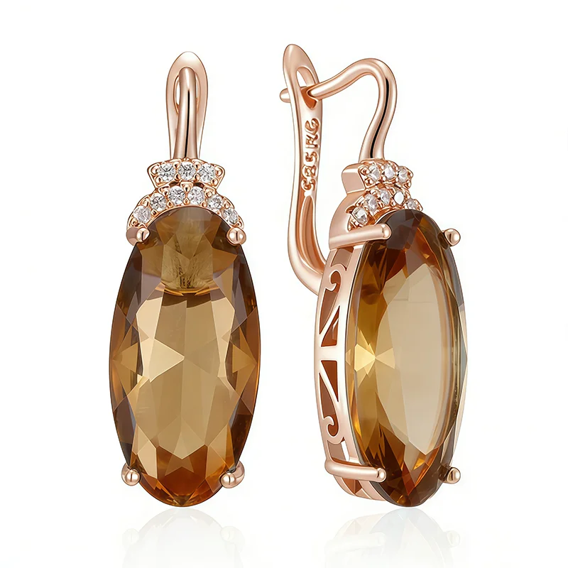 

Wbmqda 30*10mm Brown Stone Drop Earrings For Women 585 Rose Gold Color Luxury Big Zircon Jewelry Accessories