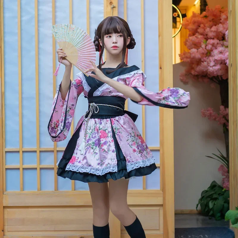 

Japanese Kimono Anime Geisha Dancer Performance Costume 2024 Printed Pink Japanese Dress Traditional Dyed Dance Costume