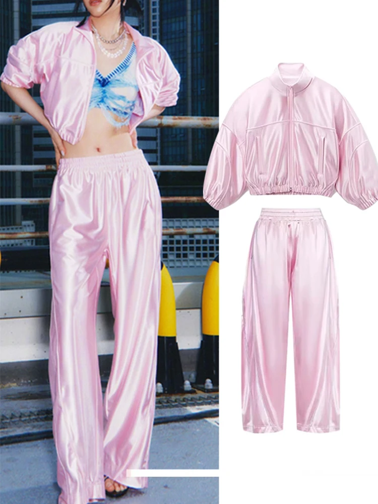 

Костюмы для джазовых танцев в стиле хип-хоп, розовые флуоресцентные брюки в пол, пальто, атласный спортивный костюм, сценическая одежда для выступлений, одежда для рейва, DN19019