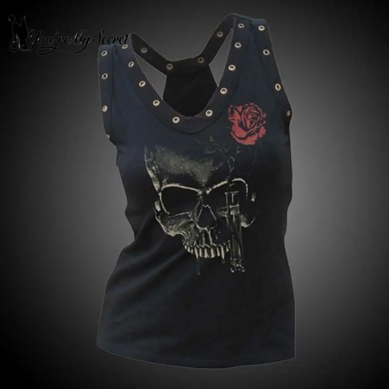 [You're My Secret] Women's Tank Top Spring and Summer New Female Skull Printed Casual Camisole Punk Dark Sleeveless T-Shirt Vest