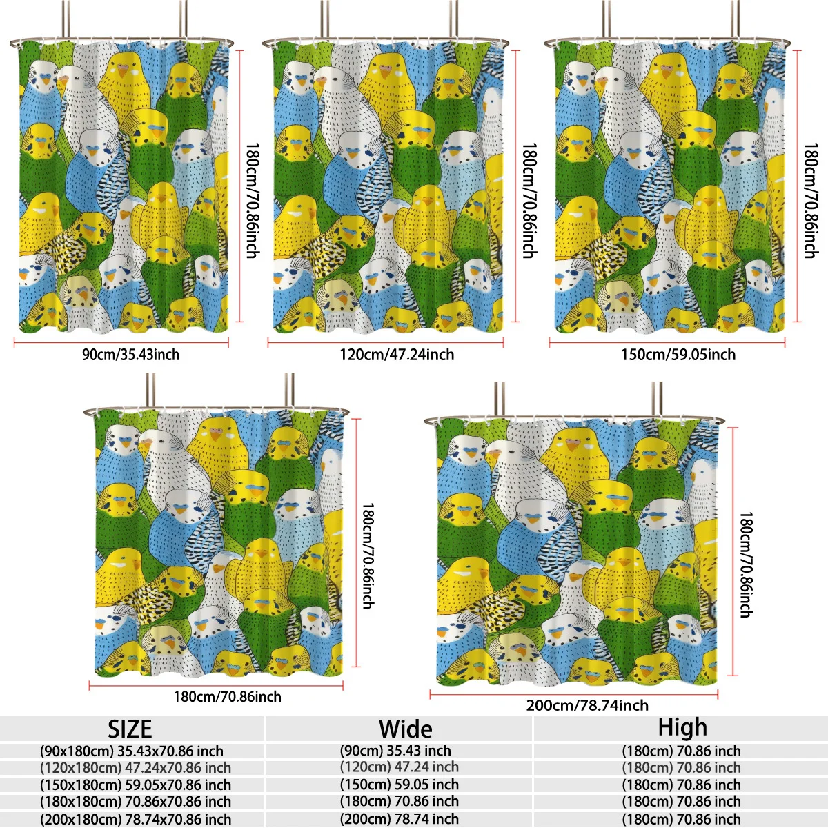 Bright Multicolor Budgerigar Parakeet Birds Hand Sketch Style Seamless Pattern Bath curtain, Cozy Soft Warm 