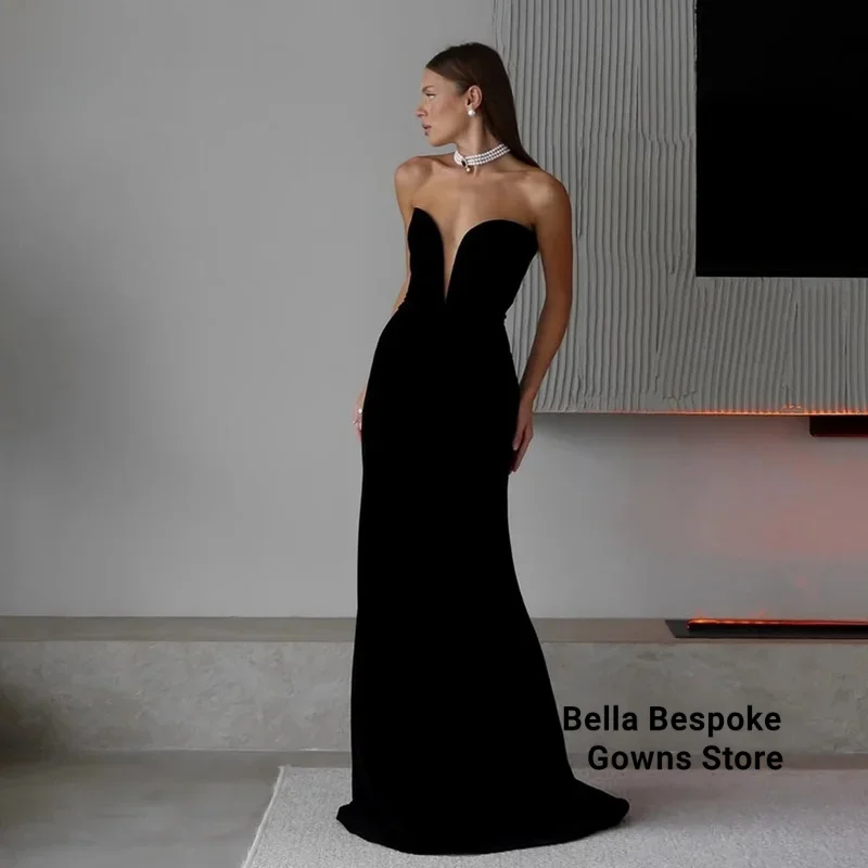 

Modern Deep V Neck Black Prom Dresses Women Strapless Dubai Sdi Mermaid Evening Party Gown vestidos de festa Customized