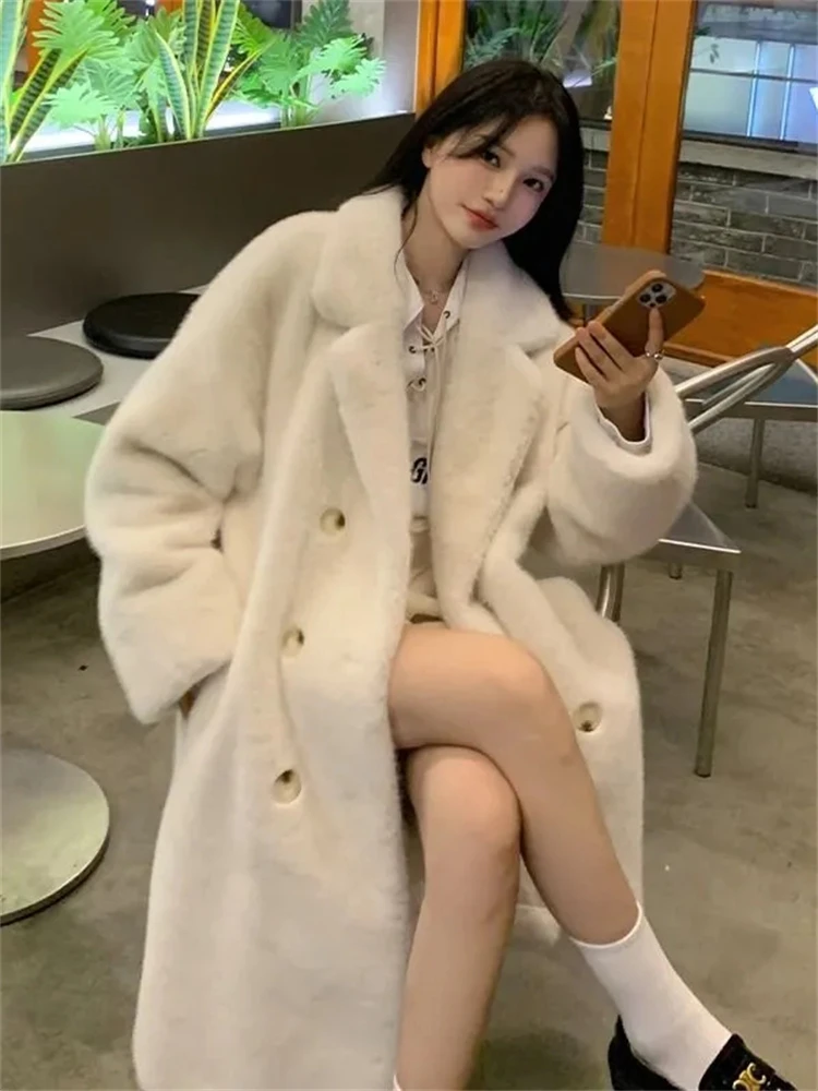 Winter Thicken Long Faux Fur Coats Korean Fashion Outerwear High Quality Luxury Women Overcoats Double Breasted Furry Jackets