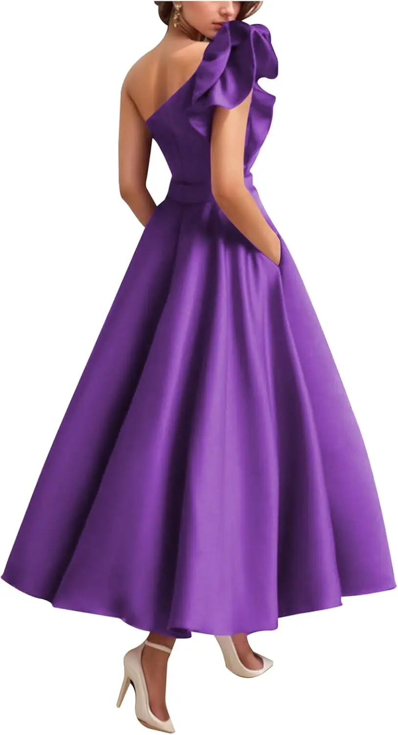 

Женское элегантное вечернее платье на одно плечо с карманами, атласное платье чайной длины, вечернее платье для свадебного гостя, платья для выпускного вечера