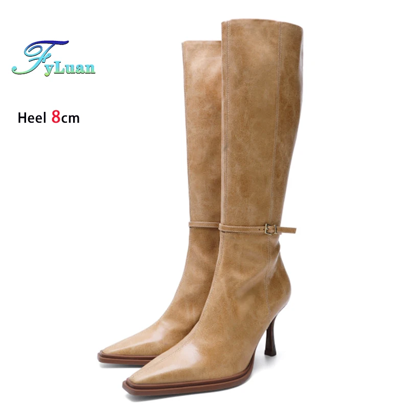 

8CM Stiletto Autumn Winter High Boots Versatile Women Shoes Fashion Belt Buckle Retro style Female Long Boots Party High Heels