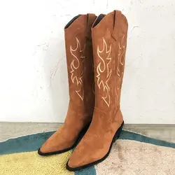 Buty dla kobiety Western Cowgirl Cowboy futrzane obuwie damskie botki długi dżinsowy Punk zima kolan biało gorące buty gotyckie