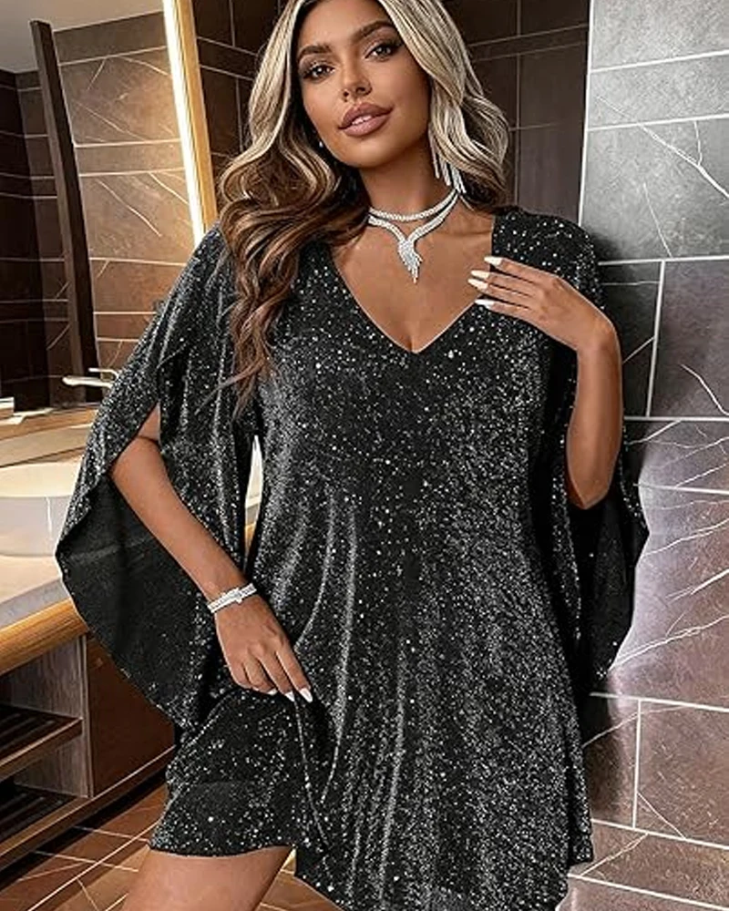 

Customized Women's Sparkly Cocktail Dresses for Wedding Guest Flutter Sleeve Loose Chiffon Party Dress Wedding Party Dresses