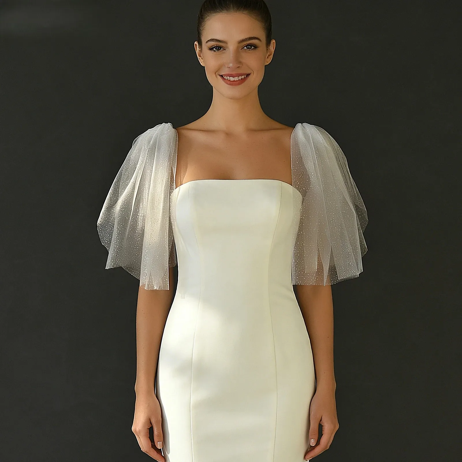 White Detachable Tulle Shawl with Pins Short Bridal Capelet Arm Cover for Sleeveless Wedding Dress Prom Party Cover-Up  GP40