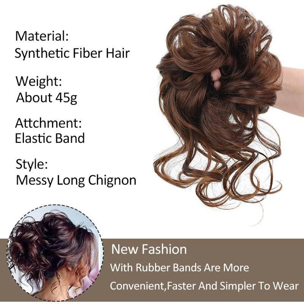 Women Wig Bun,Fashion Messy Long Chignon Elastic Hair Rings for Daily Use,Reusable Wave Curly Loose Bun Hairpieces Extensions