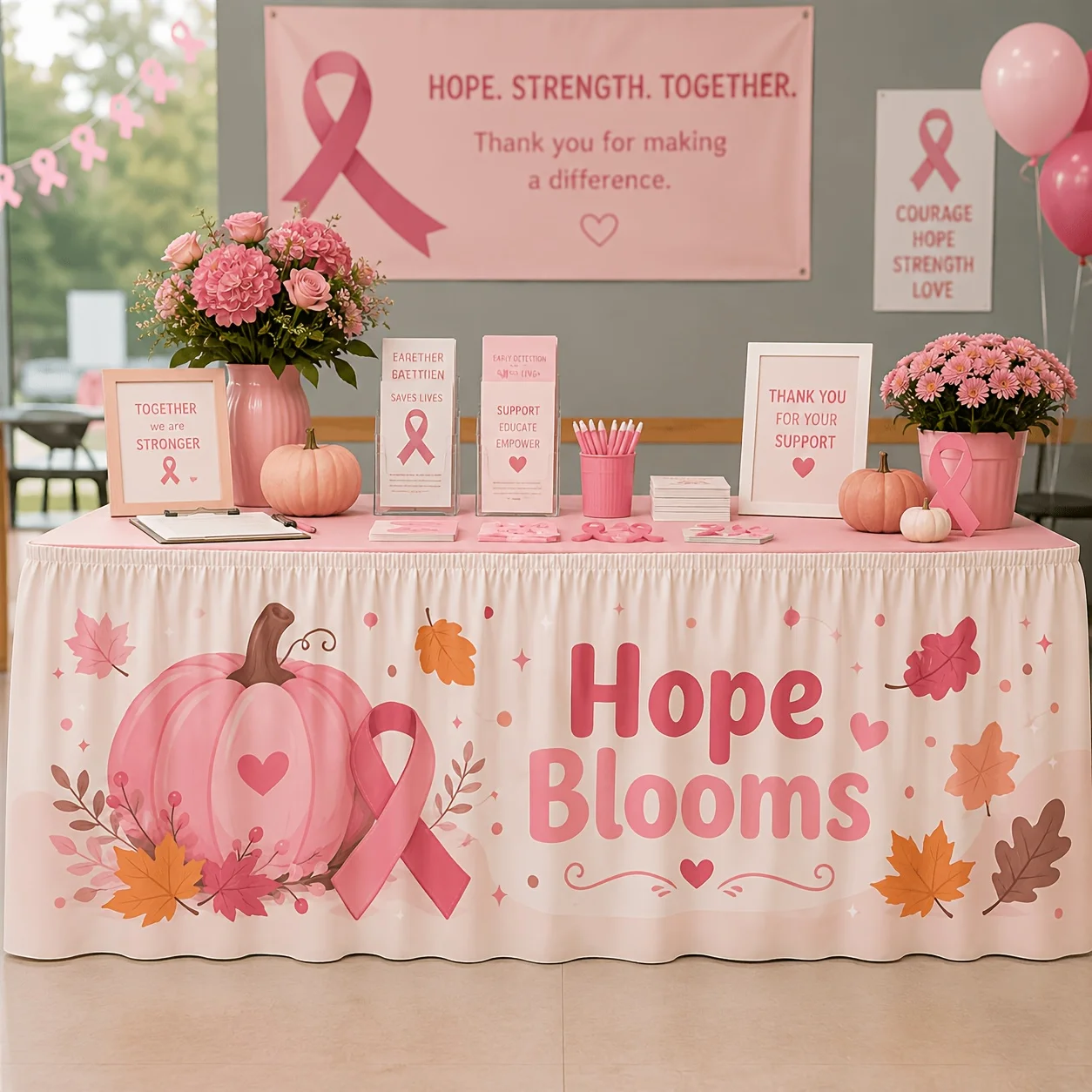 1 tablecloth table skirt, hope to bloom, breast cancer awareness promotion, autumn table skirt, pink pumpkin, pink ribbon.