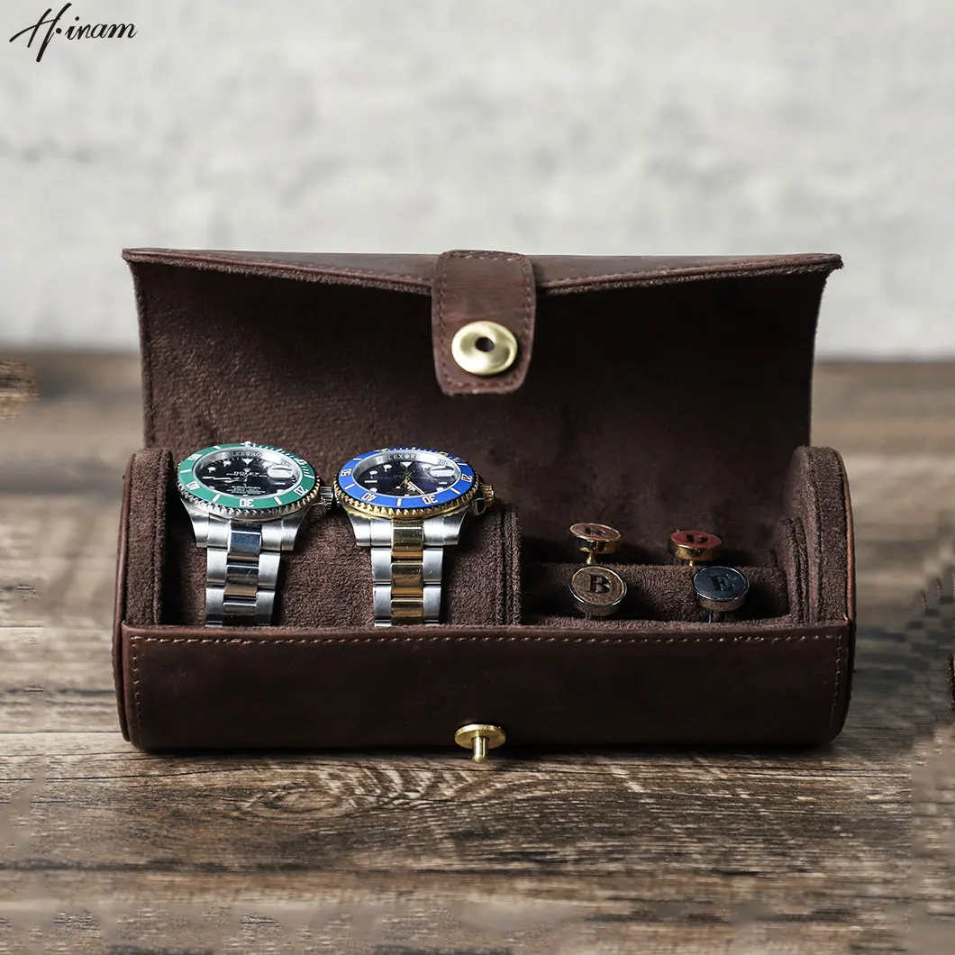 

Luxury Vintage Genuine Leather Handmade Roll Style Display 2 Slot Travel Watches & Cufflink Storage Organizer For Men Gift