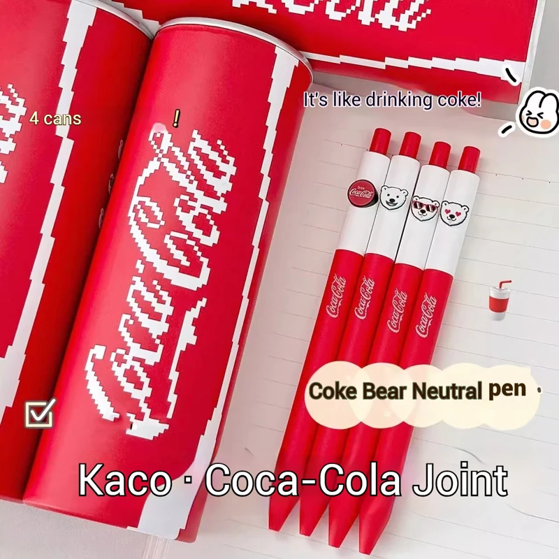 

4pcs Kaco Coca-Cola Limited Edition Neutral Pens,Cute Bear bolígrafos gel 0.5mm Black, Quick-Drying, Smooth stationery supplies