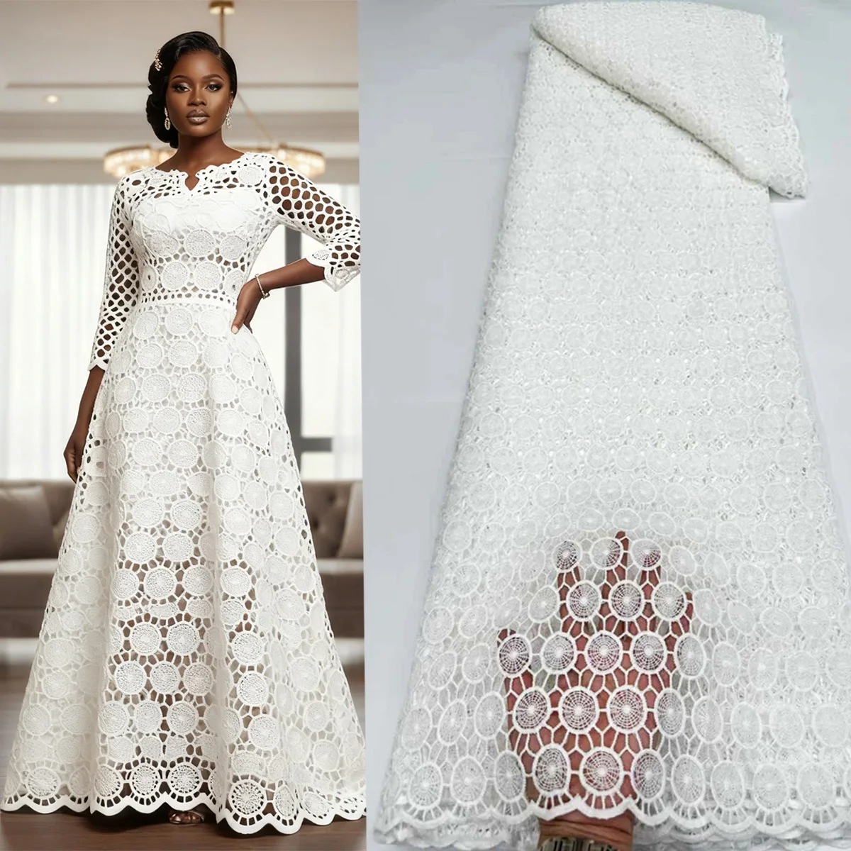 

High Quality White Guipure Cord Lace with Hand Embroidery Circular Pattern Water Soluble Sheer Texture Heavy Fabric CO1163