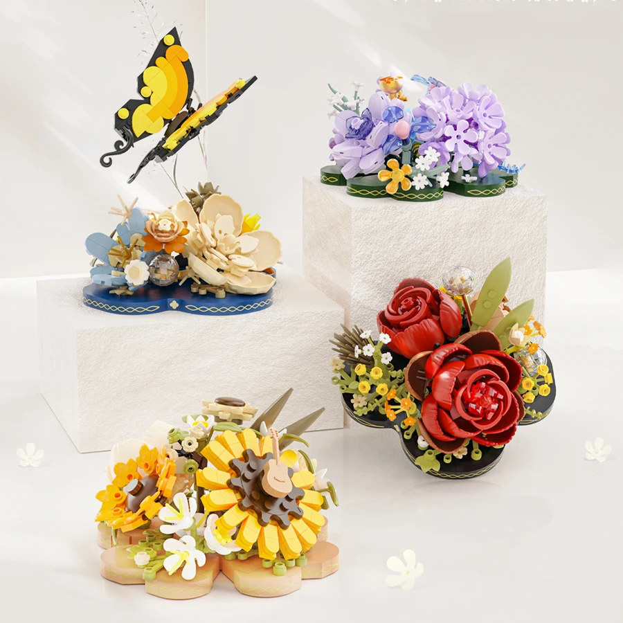 

Красочные цветы, строительные блоки, мини-кирпичи, бонсай, пластиковые игрушки «сделай сам», букет, горшки, украшения для дома, рождественский подарок