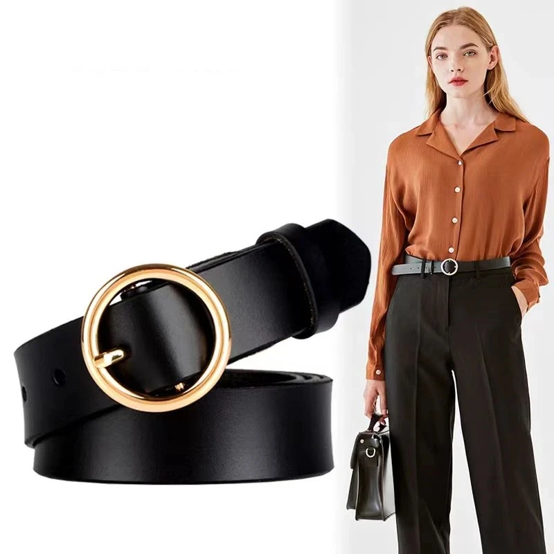 

New Women's Belt Trend Gold Round Button Belt Personalized Decoration Paired with Long Pants Jeans Belt Genuine leather Belt