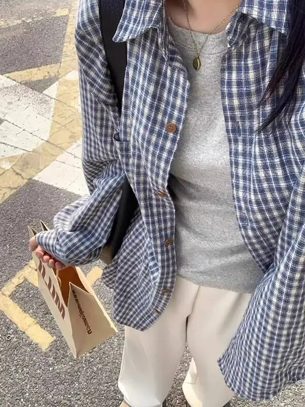 

Women's Vintage Casual Blue Plaid Long Sleeve Shirt Women's Loose Summer Sun Protection Top Korean Fashion Button Down Shirts