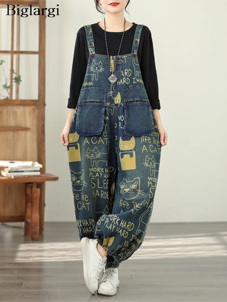 

Женские джинсовые комбинезоны оверсайз свободного кроя с цветочным и мультяшным принтом, модные повседневные джинсы для женщин