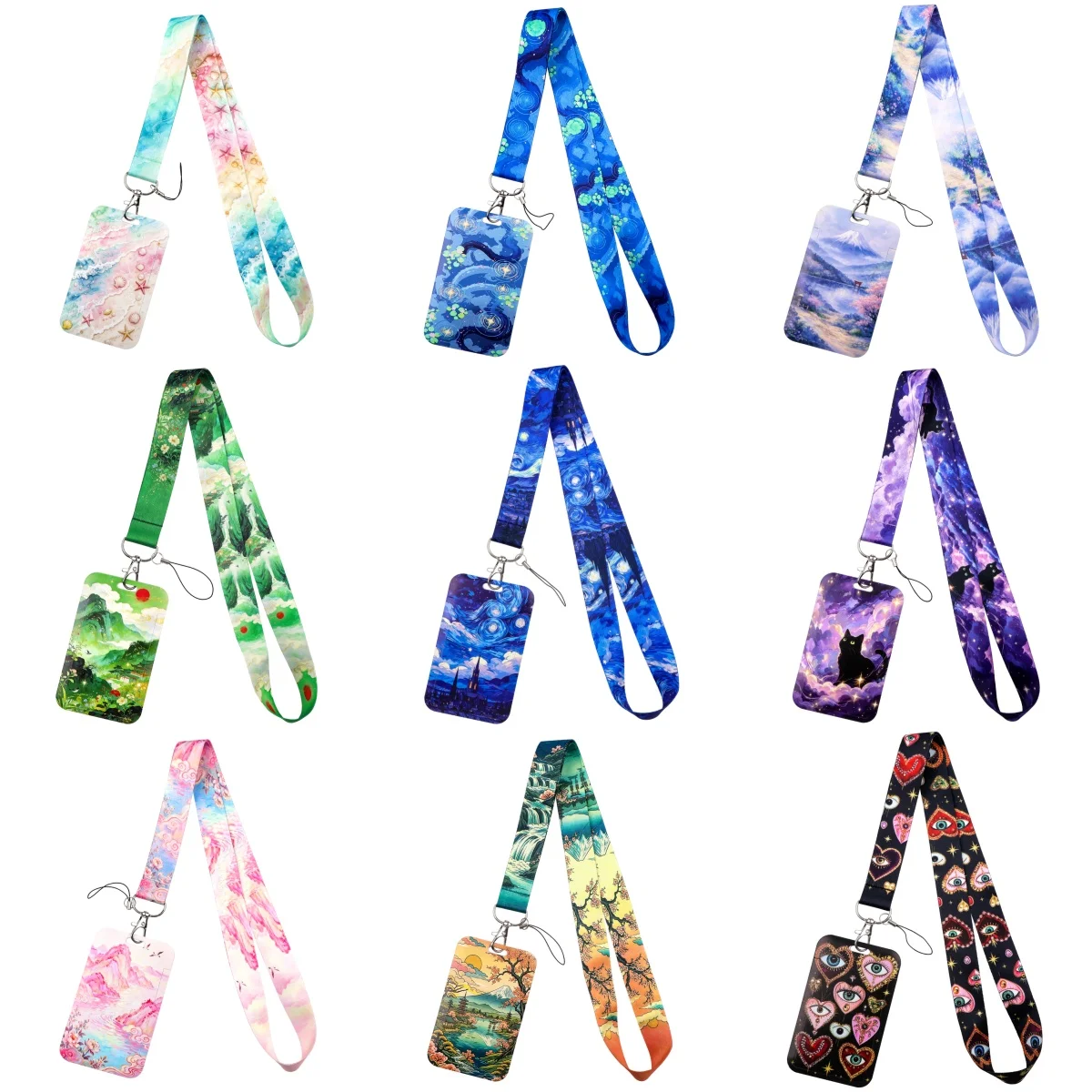 Art Oil Painting Lanyard ID Card Holder Starry Sky Mountain Print Badge Holder Student Card Cover Office Work ID Protector Gift