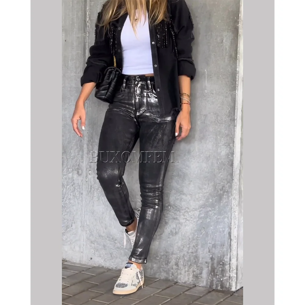 Black Hot Gold Jeans Long Skinny Pencil Pants High Waisted Straight Leg Wrap Hips Casual Daily Trousers 2024 Bottoms Streetwear