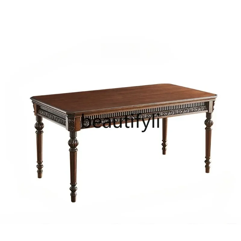 KK80  American pure solid wood dining table and chair combination carved all log rectangular villa home dining table