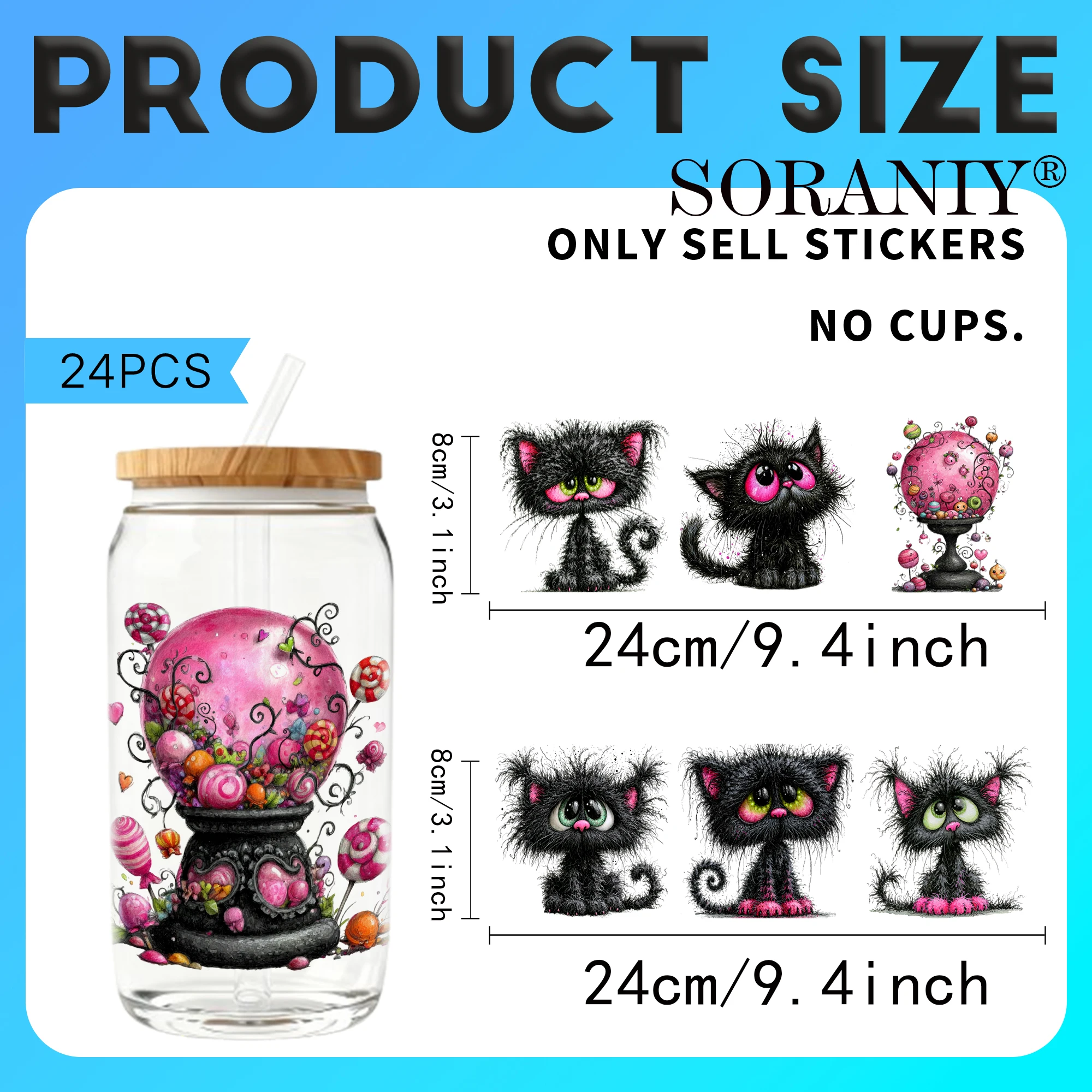 24PCS/Set Whimsical Halloween  Themed UV DTF 16OZ DIY Transfer Paper Set Golden Text Used For 16oz Water Bottles Glass