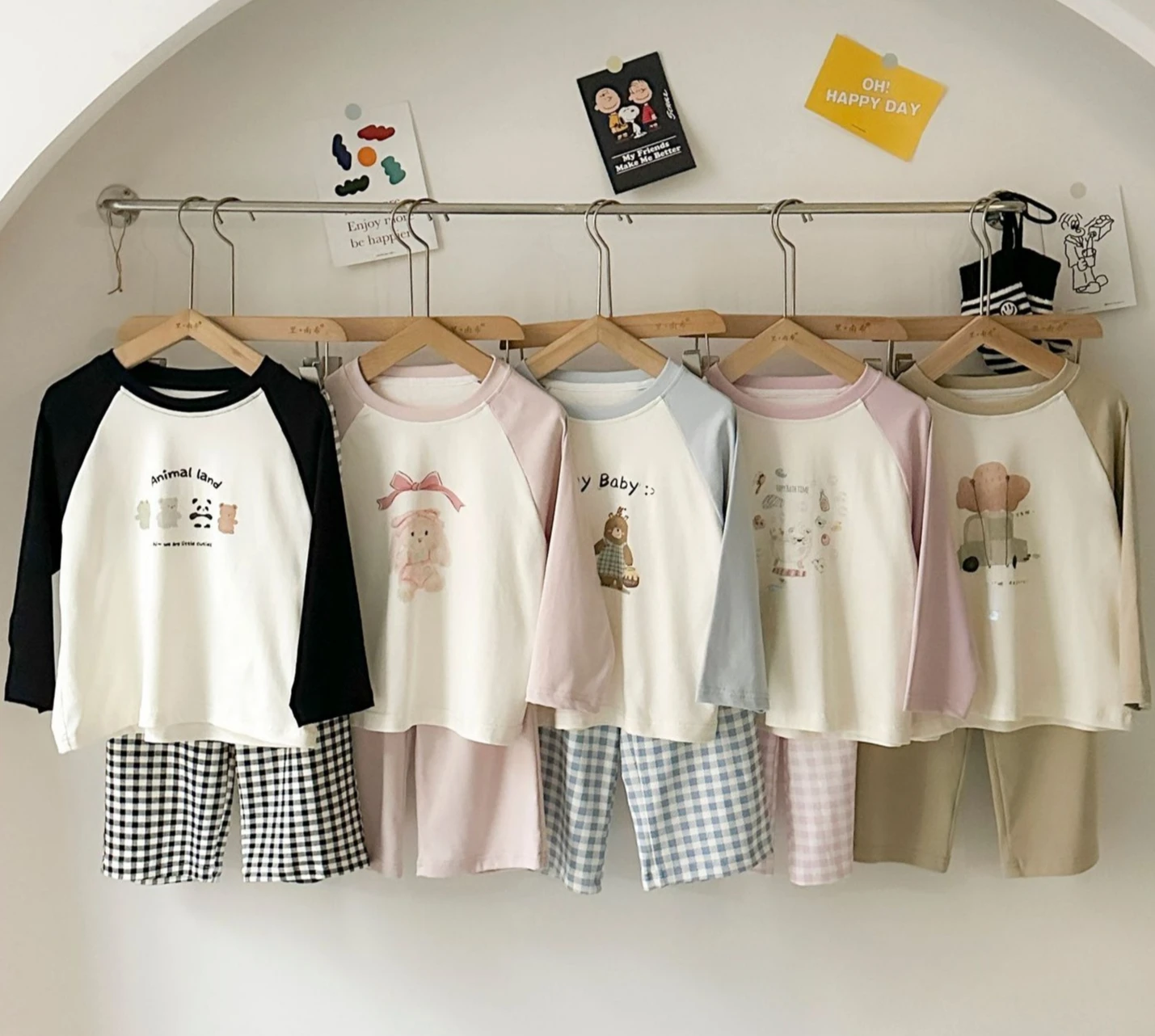 

26 Spring New Toddler Kids Boys and Girls Round Neck Cartoon Plaid Loungewear Set Pajama Two Piece Set