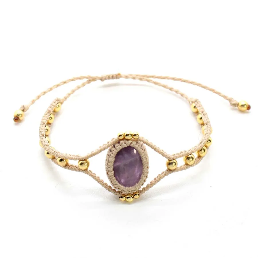 Braided Crystal Stone Beads Macrame Bracelets For Women Natural Amethyst Rose Quartz Rope Weave Adjustable Bracelet Jewelry