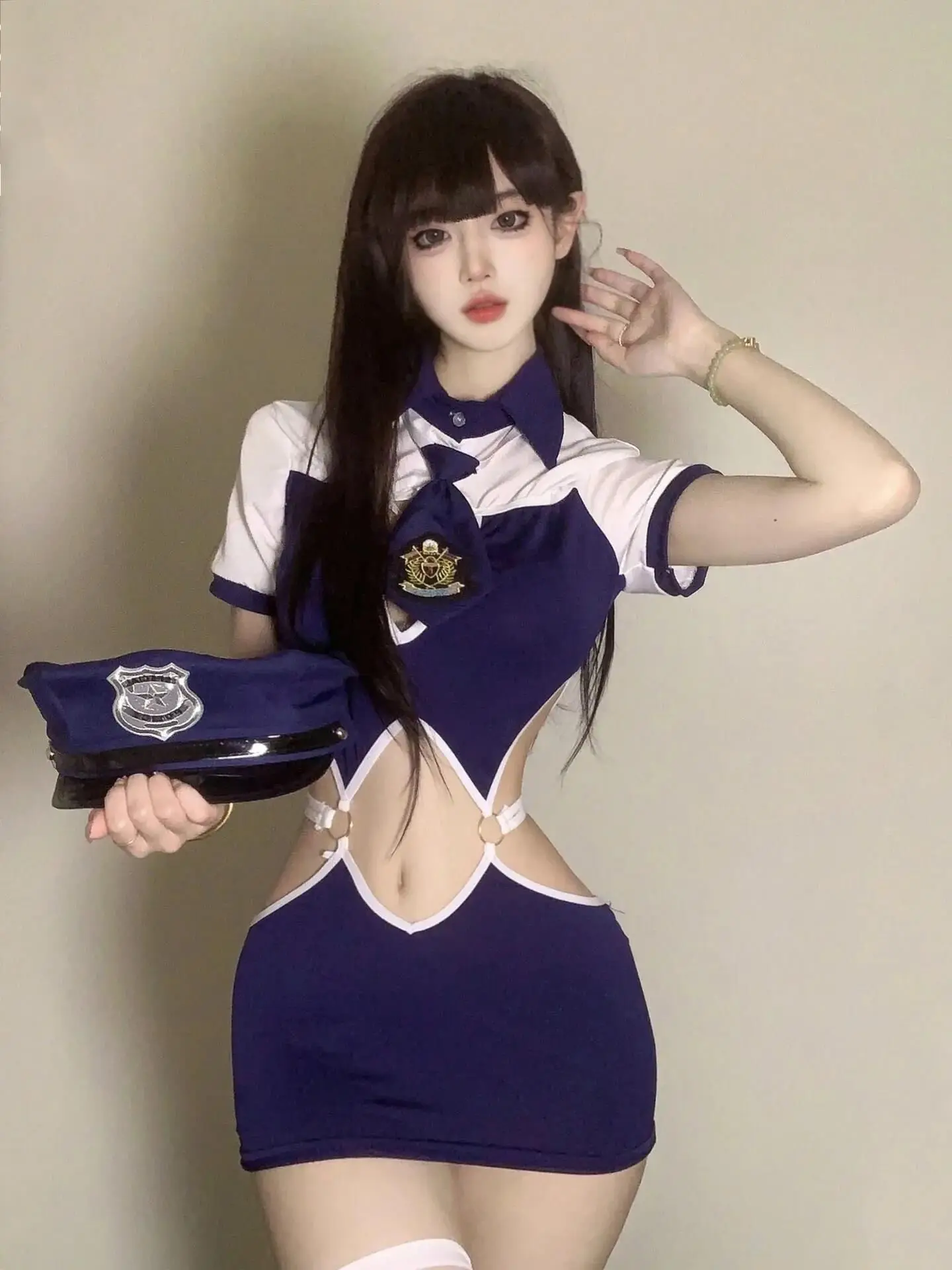 New Splicing Hollow Love Navy Style Flight Attendant Female Officer Binding Uniform Short Sleeve Role Playing Dress Elegant X977