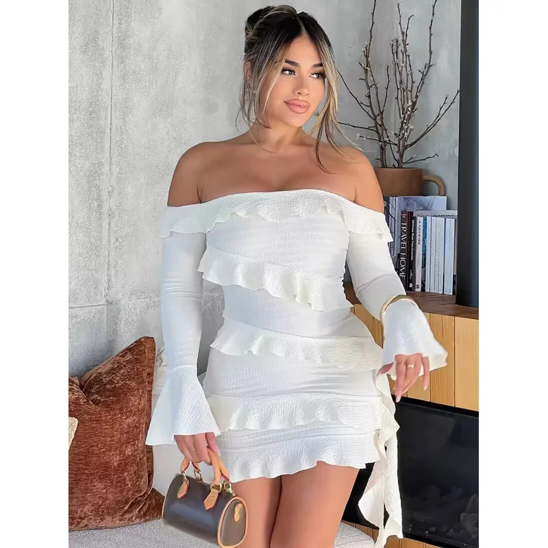 Women's Clothing2024New Fashion off-Neck Ruffled Bell Sleeve Ribbon All-Match Dress Women's Fashion