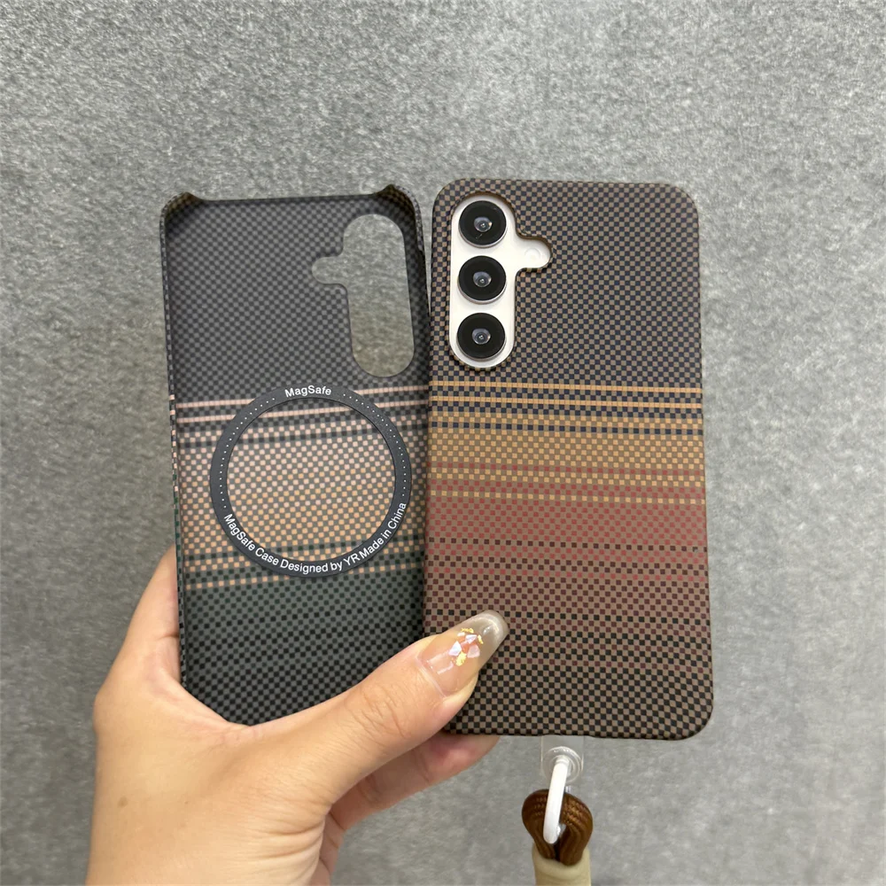 الفاخرة اليد الحبل كيفلر ألياف الكربون المغناطيسي لحالة Magsafe لسامسونج S24 زائد S25 رقيقة جدا PC غطاء شحن لاسلكي