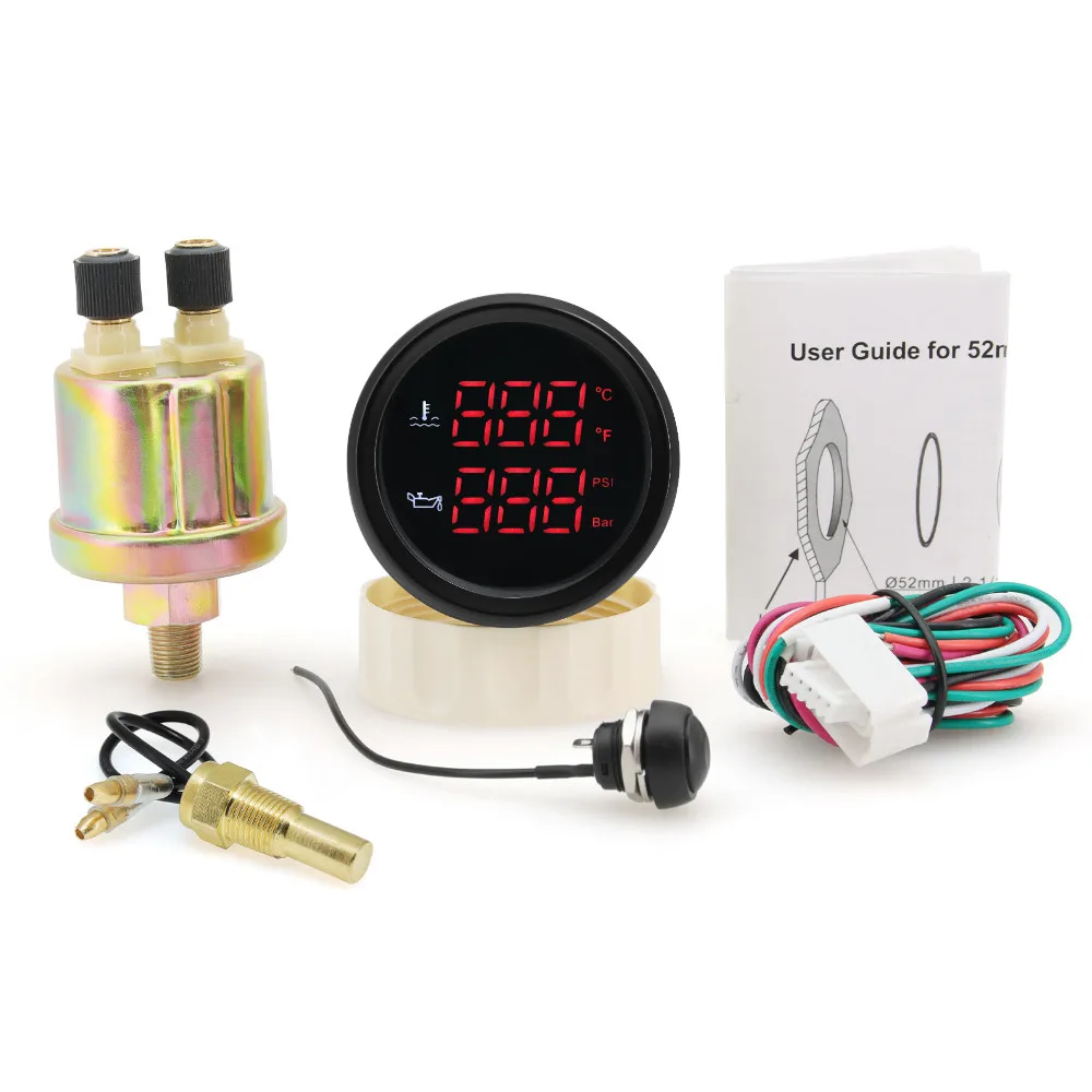 

Car Boat 52MM 2 IN 1 Multifunction Gauge Water Temp & Oil Pressure With Oil Press Temp Sensor 1/8NPT 0~10Bar Red /Green LED