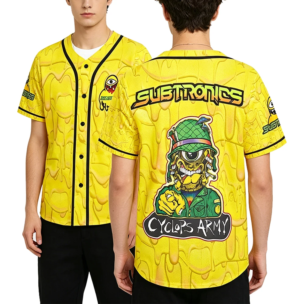 Subtronics Yellow Print Baseball Jersey 2026 Music Festival V-Neck Short Sleeve Button-up Shirts Women Men Streetwear Tops