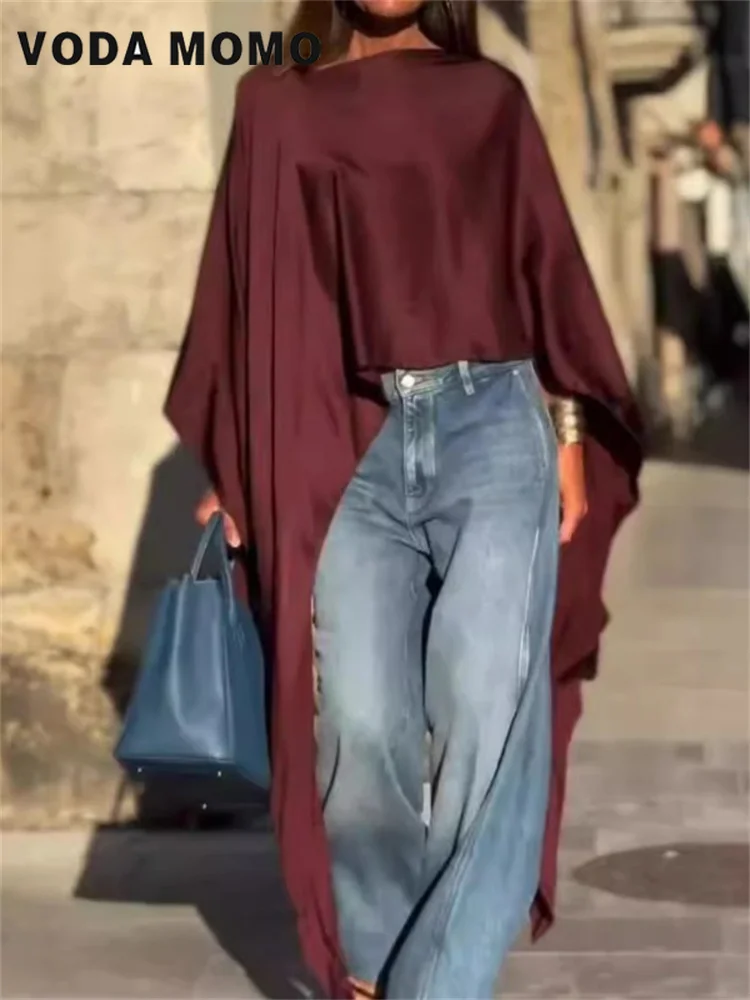 Chemisier et chemises longues pour femmes, couleur unie, ourlet irrégulier, ample, décontracté, manches chauve-souris, col rond, tendance, haut de vacances pour dames