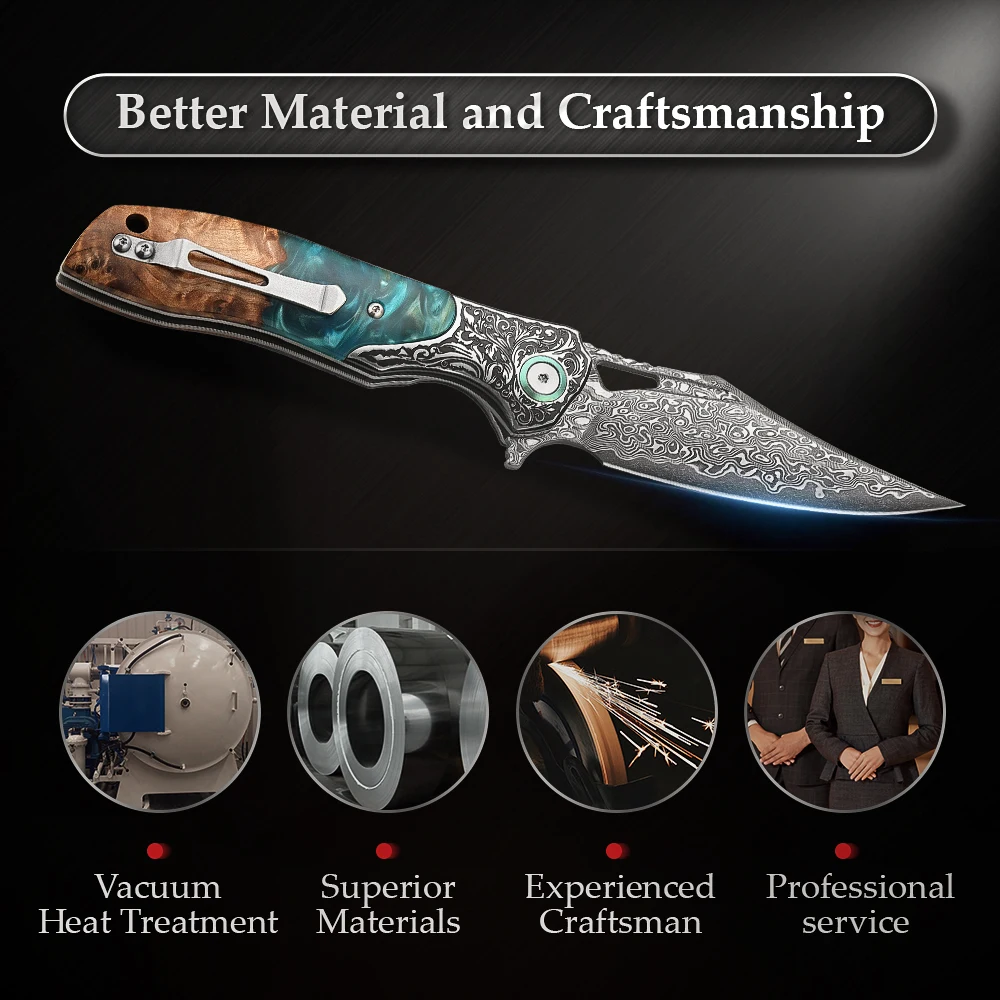 TRIVISA Apus-07C Coltello EDC tascabile pieghevole per uomo, lama in acciaio di Damasco Manico in legno in resina Multiutensile tattico per sopravvivenza all'aperto