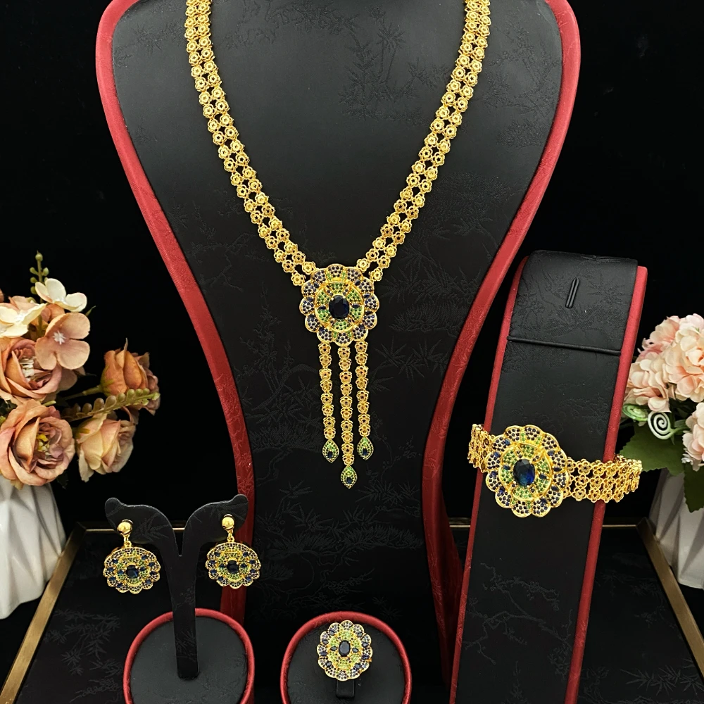 

JRH Jewelry Set Gold Plated Copper Zircon Vintage African Style Women's Bracelet Ring Necklace Earrings Fashion Accessory