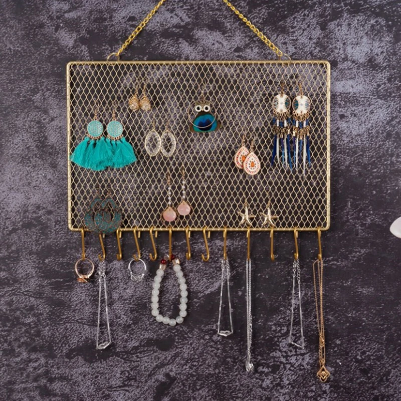 Colgador de pared de malla de Metal con ganchos, colgante con forma de nube y gato para joyería, pendientes, collar, pulsera, organizador, estante