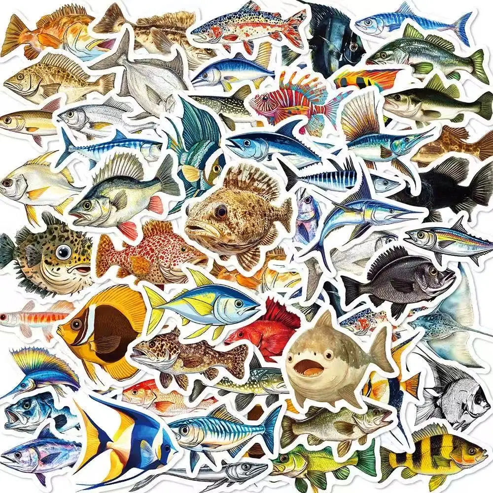 50 Stück Realistische Ozeanfisch-Aufkleber, Wasserfeste Vinyl-Sticker für Wasserflaschen, Laptops, Scrapbooks, Meereslebewesen-Dekoaufkleber