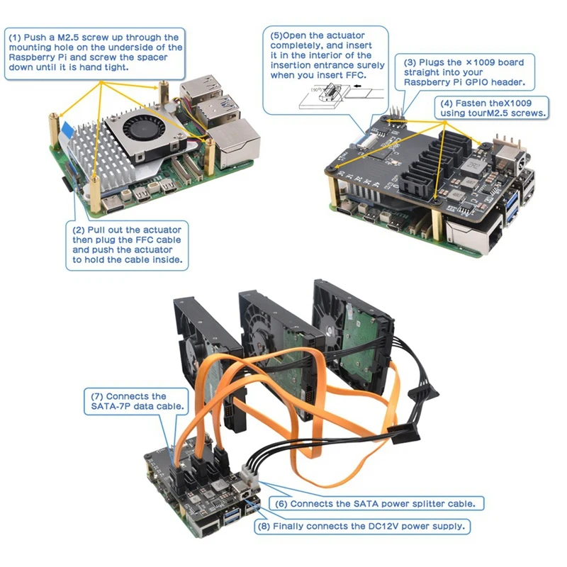 X1009 PCIe ถึง 5 พอร์ต SATA SHIELD สําหรับ Raspberry Pi 5 PCIe ถึง 5 SATA 3.0 ไม่สนับสนุน BOOT จาก HDD/SSD US PLUG
