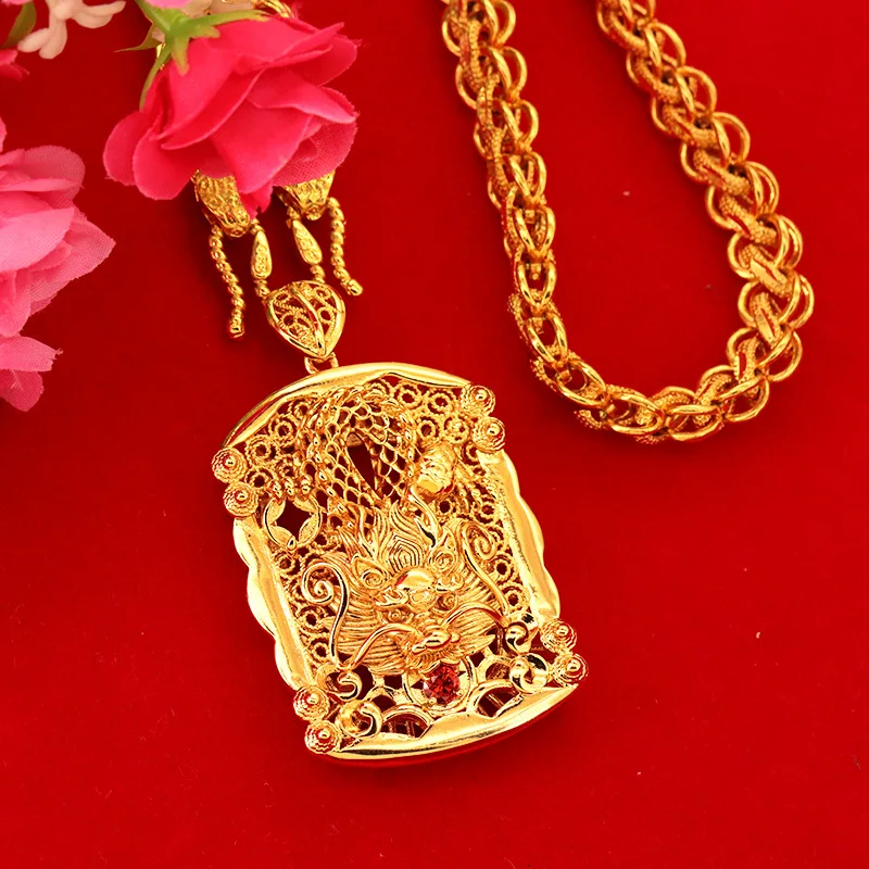 Luxury 24k Gold Color Embossed Dragon Hollow Pendant for Women Men Female Pendants Engagement Birthday Fine Jewelry Not Fade