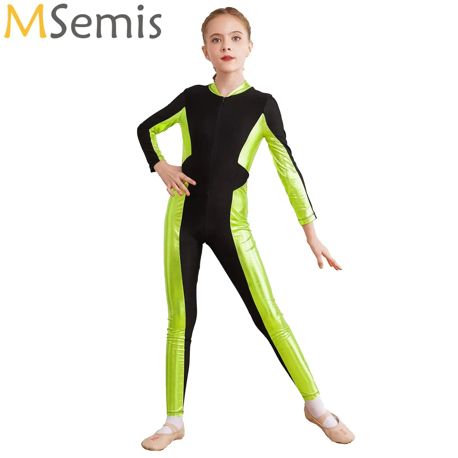 

Children Girls Gymnastics Sports Bodysuit Ballet Dance Figure Skating Acrobatics Yoga Leotard Long Sleeve Color Block Jumpsuit