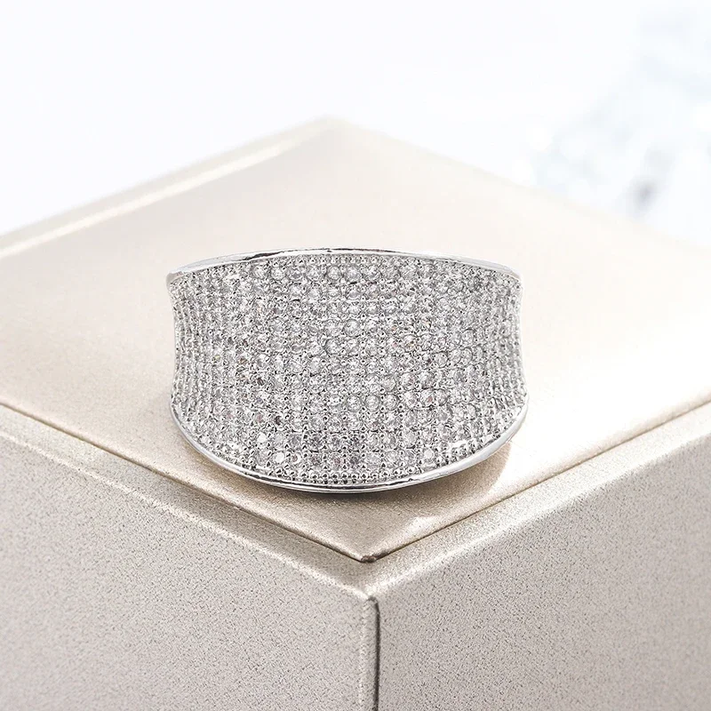 High Quality Silver Color Big Band Ring With Zircon StoneWomen Fashion Wedding Engagement Christmas Present Jewelry 2024 New