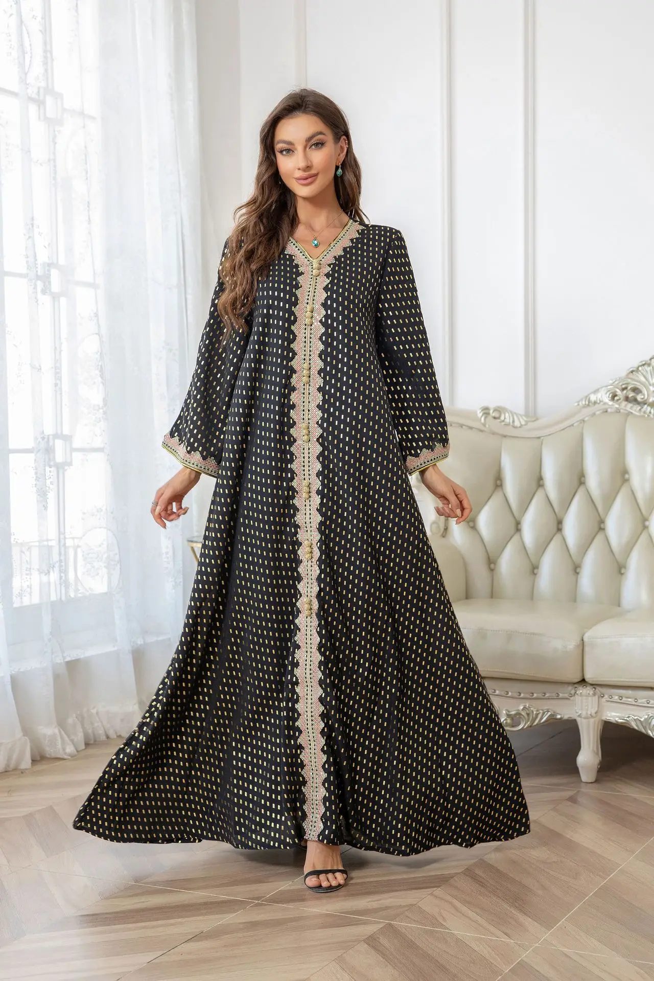 

Abayas for Womens Dubai Elegant Printing Long Sleeves Arabic Evening Party Dress Robe Applique Buttoned Jalabiya Muslim Gowns