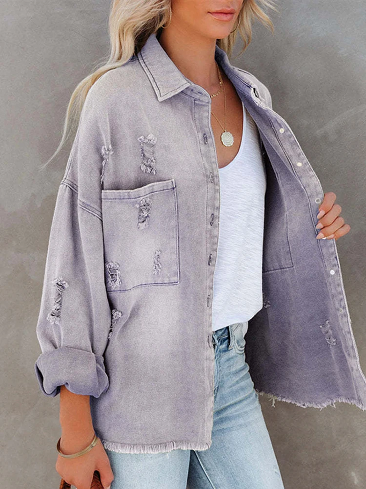 2023 Spring Autumn Denim Jacket Ladies Casual Coat Women Jean Outerwear Rough-edges Holes Long-sleeve Shirt Style Loose Tops