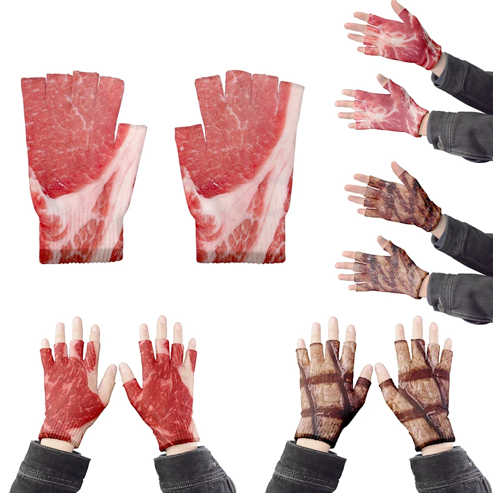 肉風デザイン冬と秋メンズ楽しい豚バラ肉柄手袋レディース暖かい指なし手袋カジュアル手袋グアンタナモ