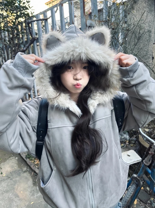 

Корейское зимнее пальто из утепленного хлопка для женщин с капюшоном, узором «олень», теплая верхняя одежда, повседневная уличная одежда