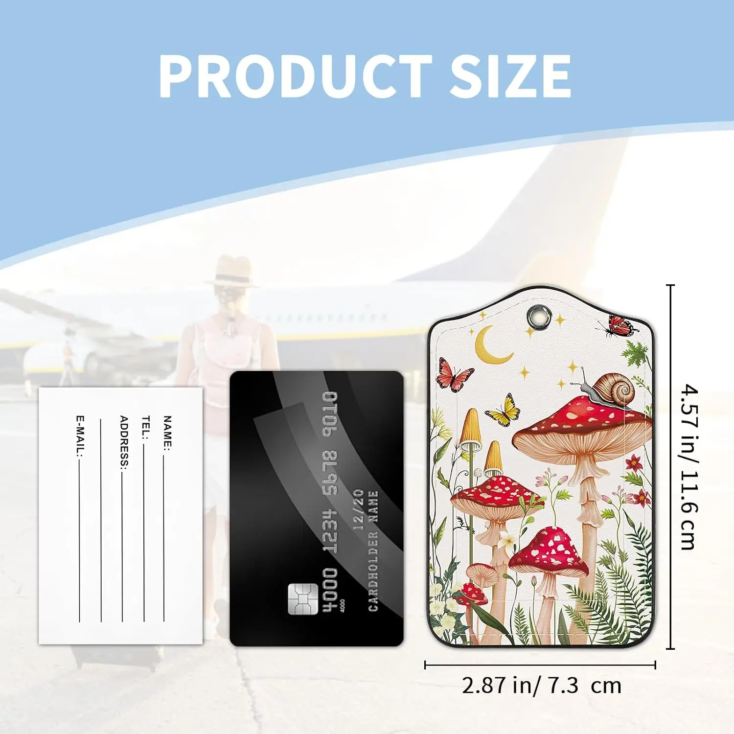 Mushroom Butterfly Cute PU Leather Suitcase Tag Privacy Cover ID Label with Metal Loop Personalized Baggage Identifier