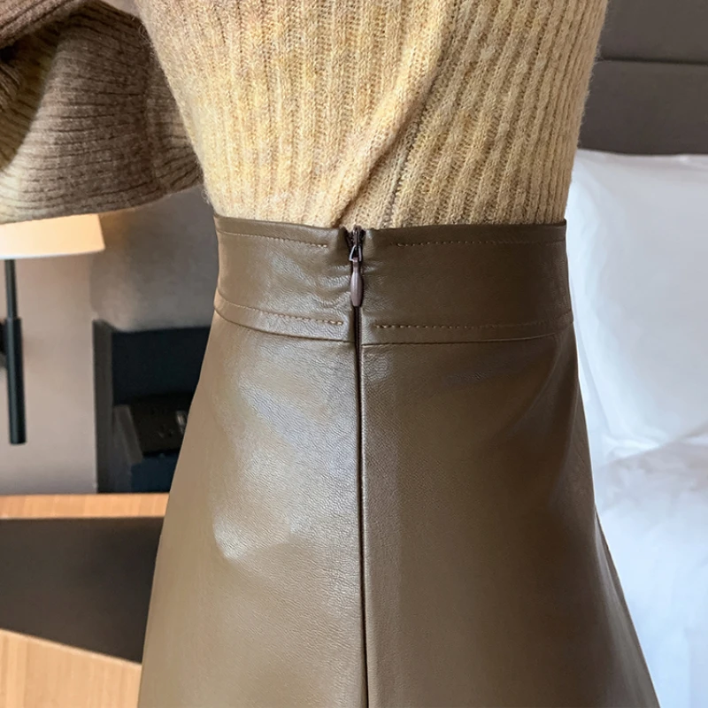 Schwarzer Rock aus PU-Leder für Damen, 2025, luxuriöse Herbst-Winter-Kleidung, hohe Taille, A-Linie, ausgestellter Rock, Vintage, schlanke lange Röcke für Damen