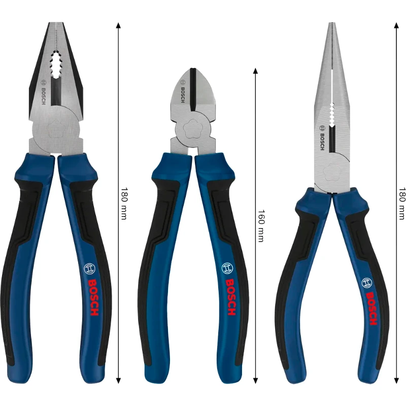 BOSCH 1600A039RF 1600A03DN3 Pliers Set 3PCS Combination Pliers Diagonal Side Cutters Long-nose Pliers